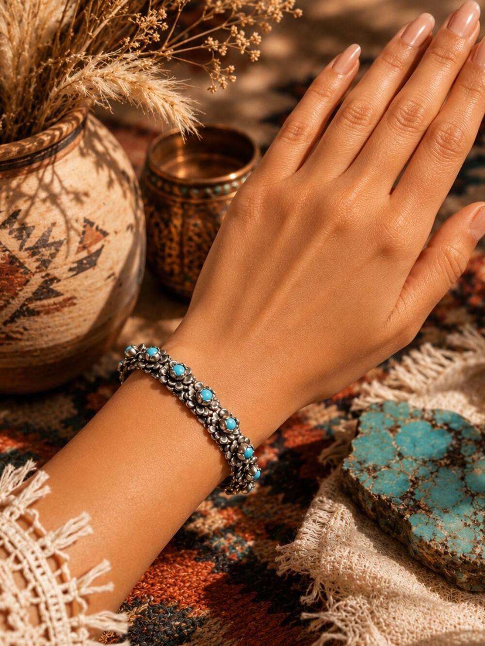 Vintage Mexican Turquoise Floral Cluster Cuff Bracelet – Circa 1970sBeautiful